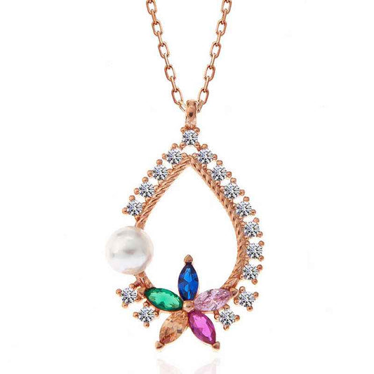 Rose Plated Colorful Stone Floral Women's Silver Necklace