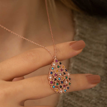Rose Colored Stone Drop Silver Necklace