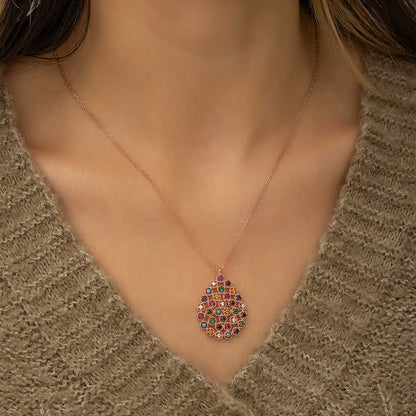 Rose Colored Stone Drop Silver Necklace