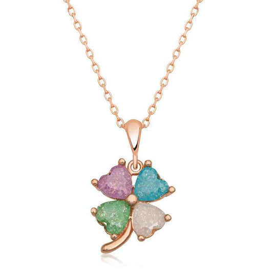 Rose Colored Stone Heart Clover Women's Silver Necklace
