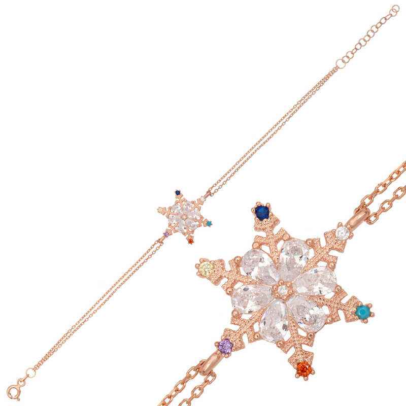 Rose Plated Colored Stone Snowflake Women's Silver Bracelet