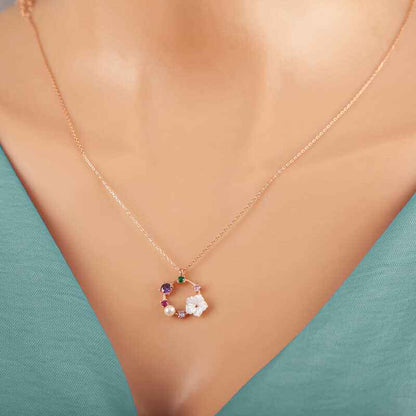 Rose Colored Stone Magnolia Flower Women's Silver Pendant