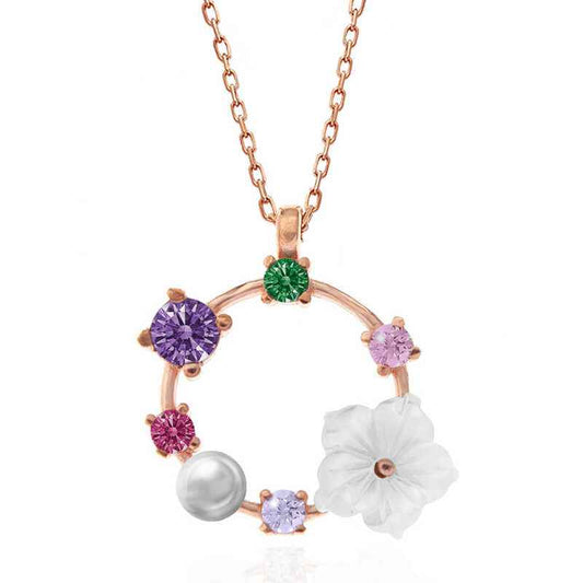 Rose Colored Stone Magnolia Flower Women's Silver Pendant