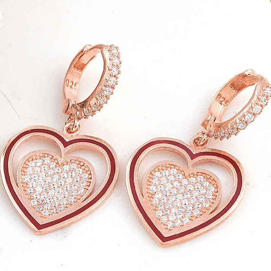 Rose Plated Dangling Heart Women's Silver Earring