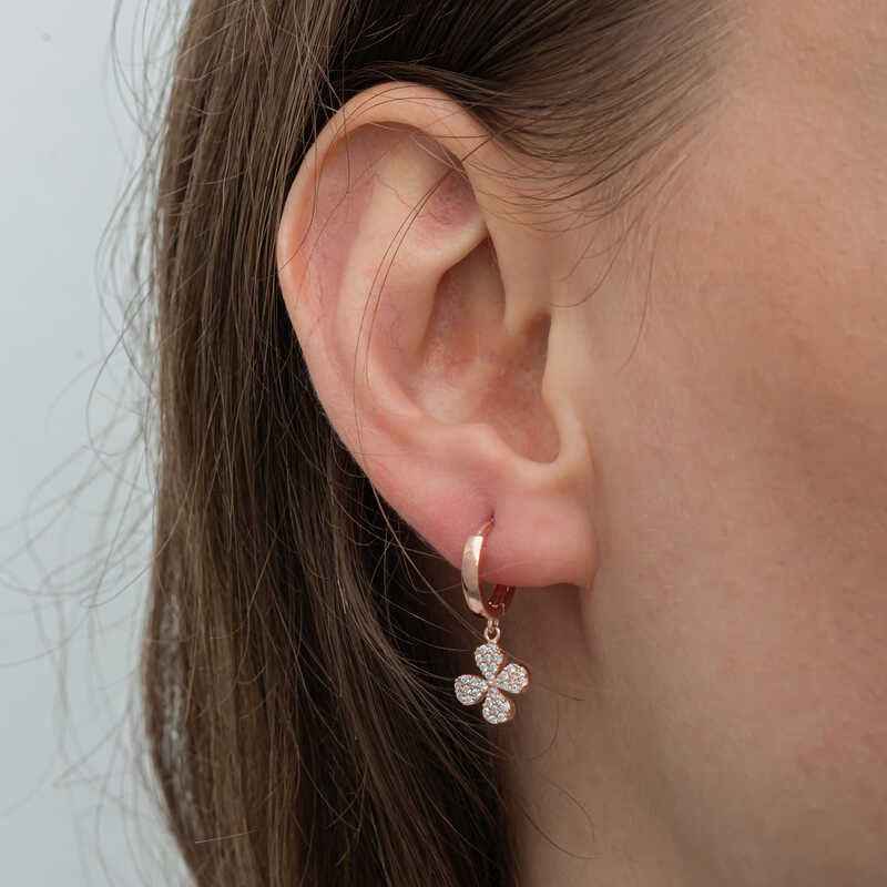 Rose Plated Dangling Clover Women's Silver Earrings