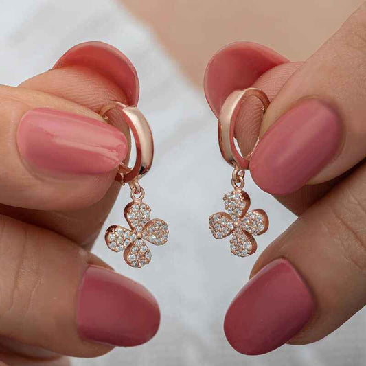 Rose Plated Dangling Clover Women's Silver Earrings