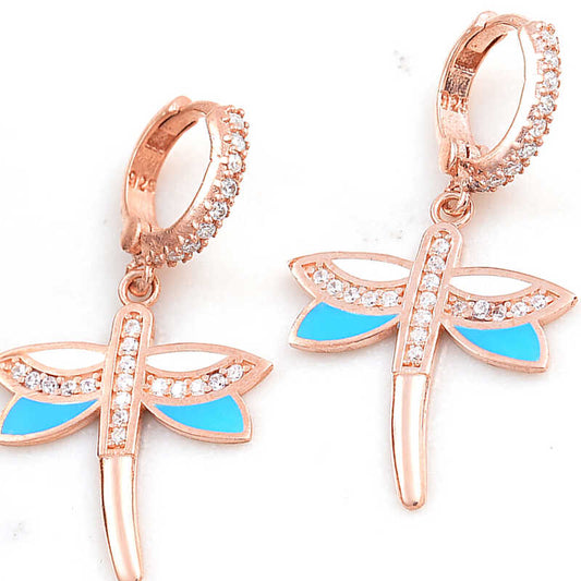 Rose Gold Plated Dragonfly Dangle Women's Silver Earrings