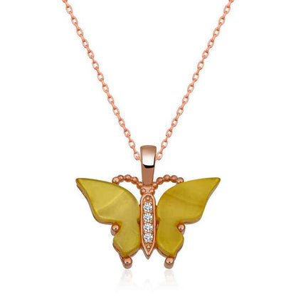 Rose Gold Plated Tiger's Eye Stone Butterfly Women's Silver Necklace