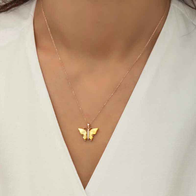 Rose Gold Plated Tiger's Eye Stone Butterfly Women's Silver Necklace