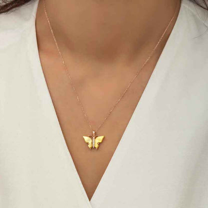 Rose Gold Plated Tiger's Eye Stone Butterfly Women's Silver Necklace