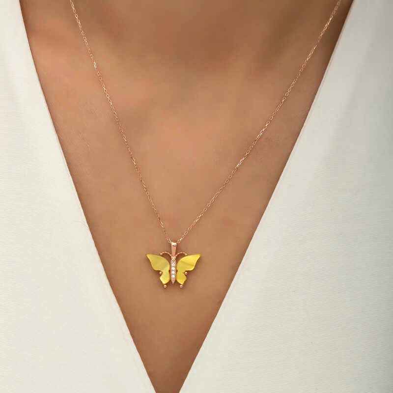 Rose Gold Plated Tiger's Eye Stone Butterfly Women's Silver Necklace