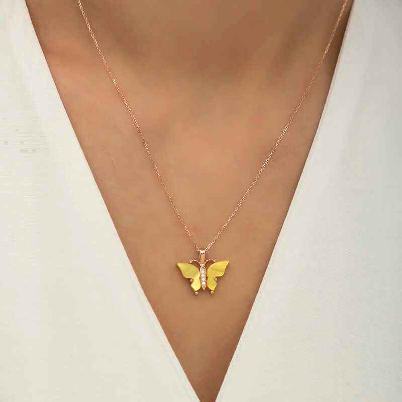 Rose Gold Plated Tiger's Eye Stone Butterfly Women's Silver Necklace