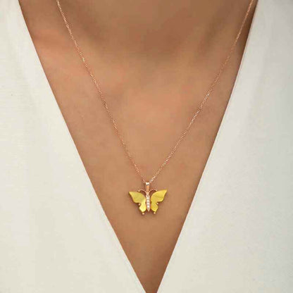 Rose Gold Plated Tiger's Eye Stone Butterfly Women's Silver Necklace