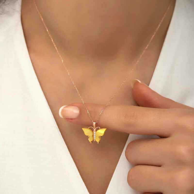 Rose Gold Plated Tiger's Eye Stone Butterfly Women's Silver Necklace