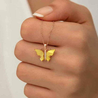 Rose Gold Plated Tiger's Eye Stone Butterfly Women's Silver Necklace