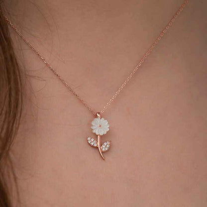 Rose Plated Mother-of-Pearl Flower Silver Necklace