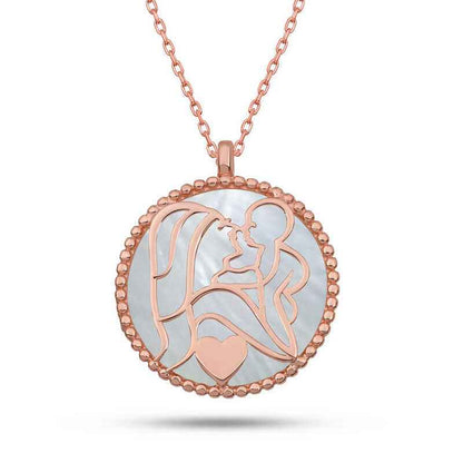 Rose Plated Mother Child Love Pearl Stone Silver Necklace