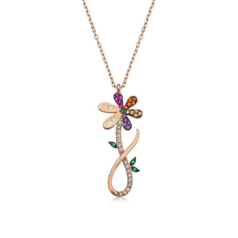 Rose Plated "Sen Ben" Inscribed Daisy Women's Silver Necklace