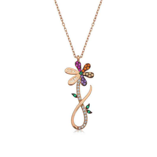 Rose Plated "Sen Ben" Inscribed Daisy Women's Silver Necklace