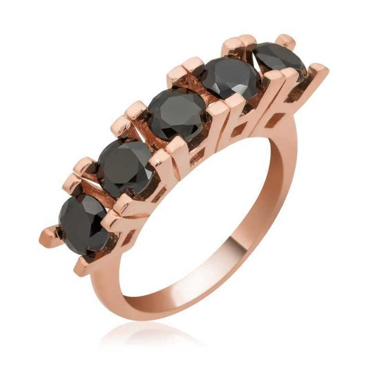 Rose Plated Black 5 Stone Women's Silver Ring