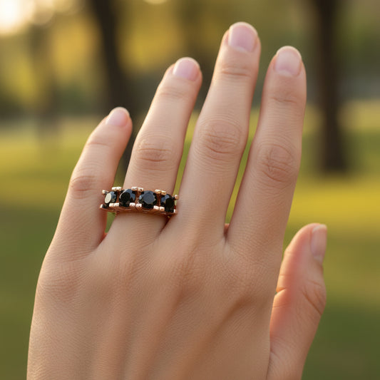 Rose Plated Black 5 Stone Women's Silver Ring