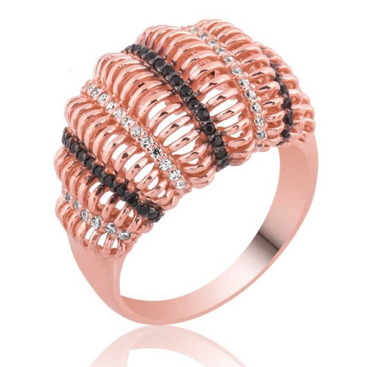 Bague en argent plaqué rose pour femme avec pierre noire et blanche