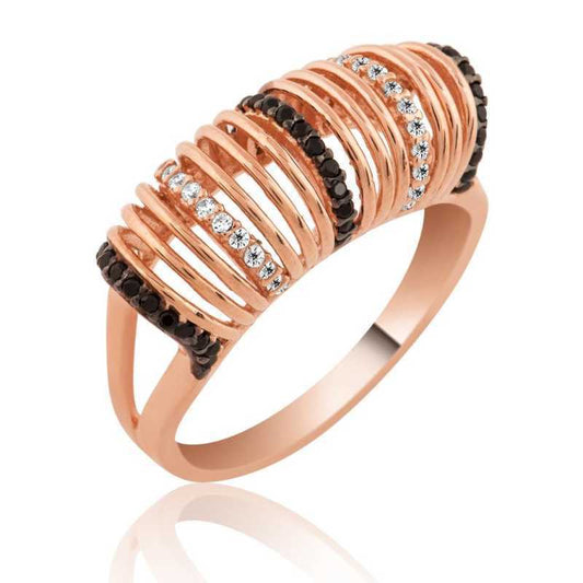 Bague pour femme en argent plaqué rose avec pierre noire et blanche