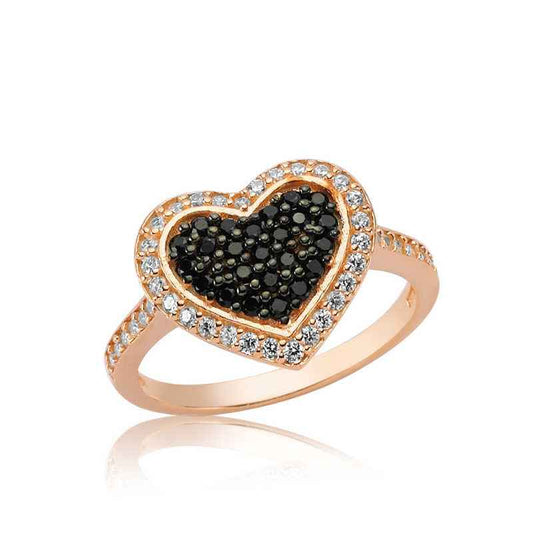 Black Stone Heart Rose Plated Silver Women's Ring