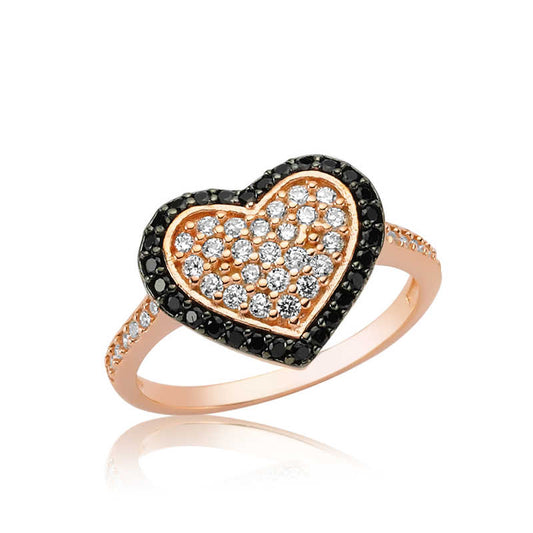 Black Stone Heart Rose Plated Silver Women's Ring