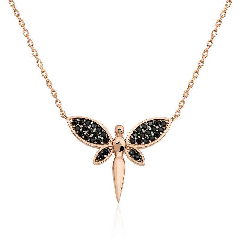 Black Dragonfly Rose Plated Silver Women's Necklace