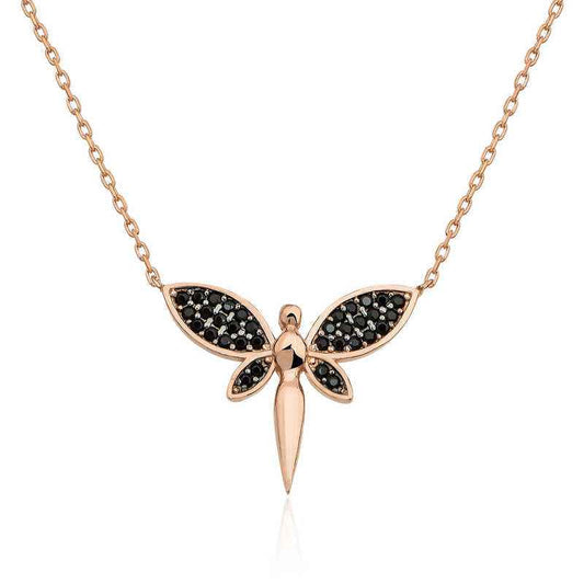 Black Dragonfly Rose Plated Silver Women's Necklace