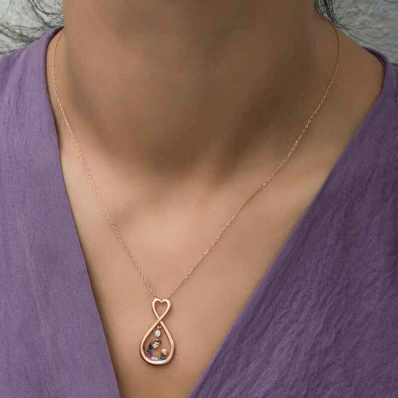 Rose Plated Infinite Heart Mother & Child Silver Necklace