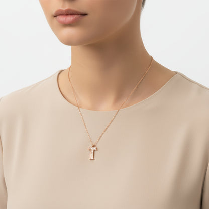 Collier en argent plaqué rose avec lettre T pour femme