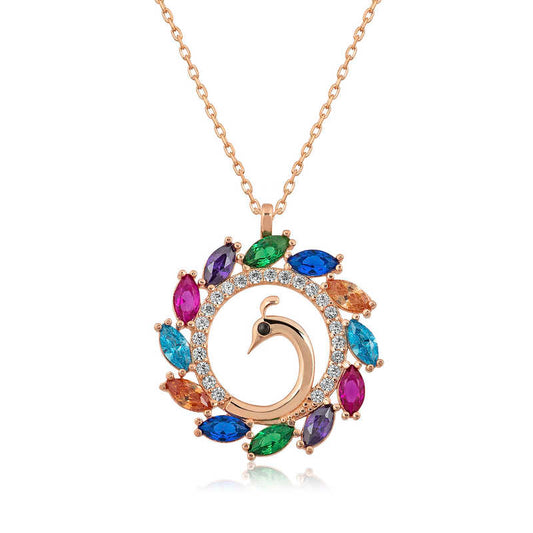 Collier en argent plaqué or rose avec motif paon pour femme