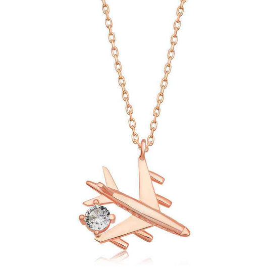 Single Stone Airplane Women's Rose Plated Silver Necklace