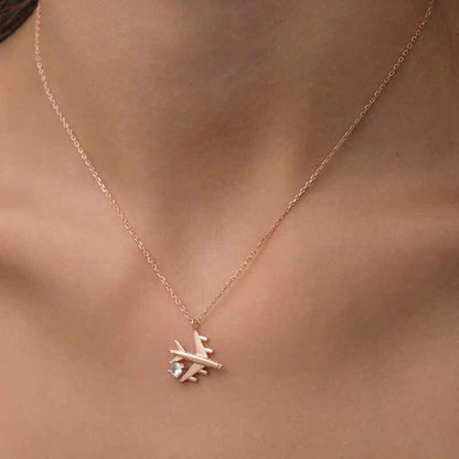 Single Stone Airplane Women's Rose Plated Silver Necklace