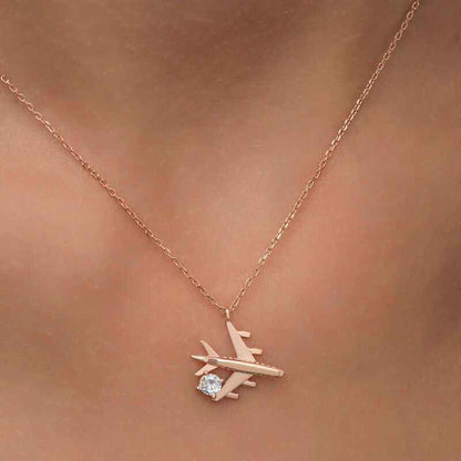 Single Stone Airplane Women's Rose Plated Silver Necklace