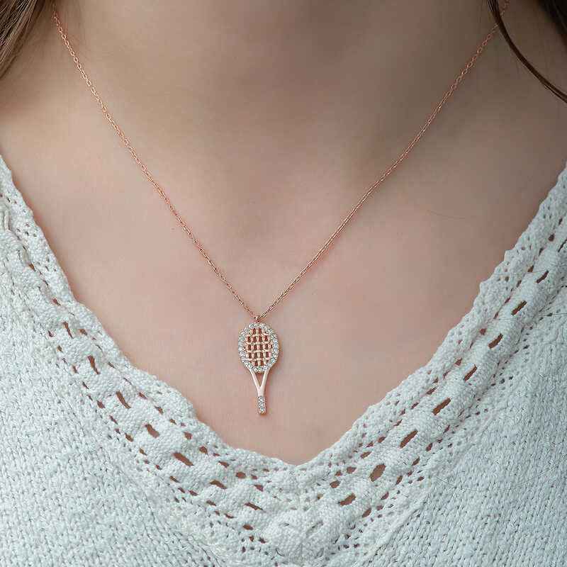 Rose Gold Plated Tennis Racket Women's Silver Necklace