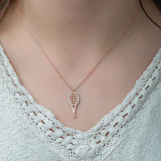 Rose Gold Plated Tennis Racket Women's Silver Necklace