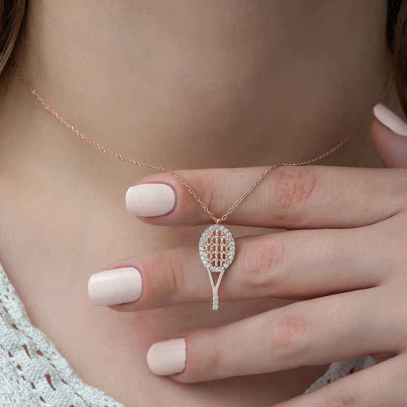 Rose Gold Plated Tennis Racket Women's Silver Necklace
