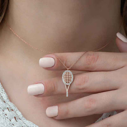 Rose Gold Plated Tennis Racket Women's Silver Necklace
