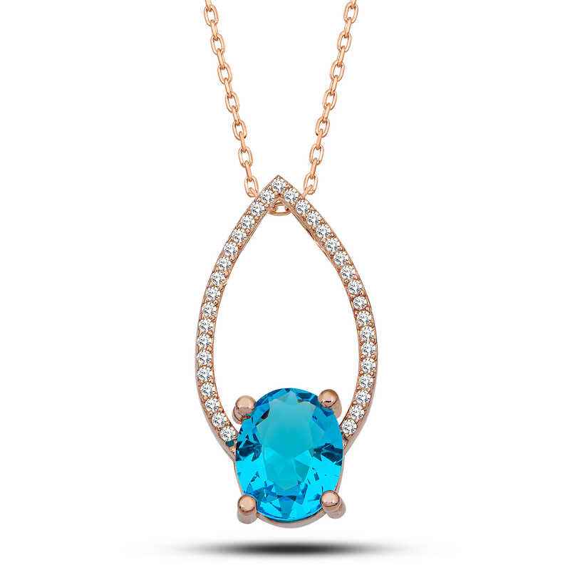 Turquoise Oval Stone Rose Plated Women's Silver Necklace