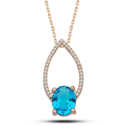 Turquoise Oval Stone Rose Plated Women's Silver Necklace