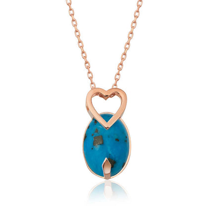 Turquoise Stone Heart Rose Plated Silver Necklace