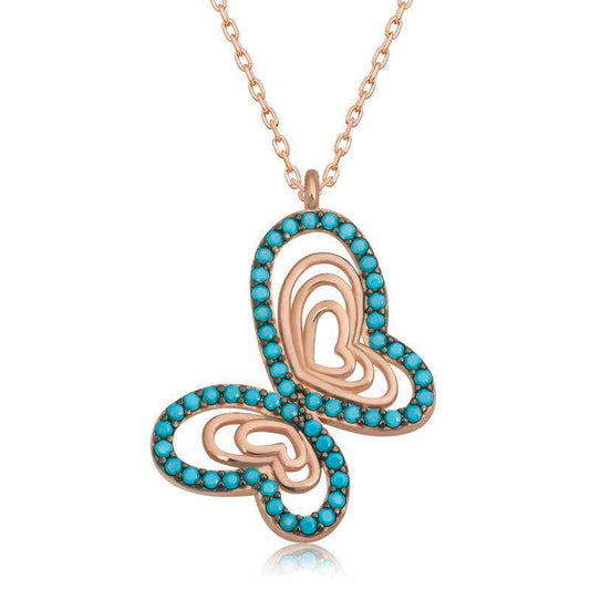 Turquoise Stone Butterfly Women's Rose Plated Silver Pendant