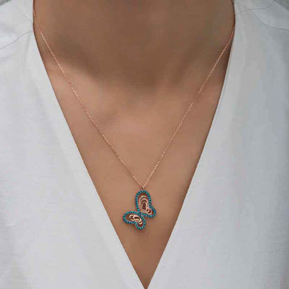 Turquoise Stone Butterfly Women's Rose Plated Silver Pendant