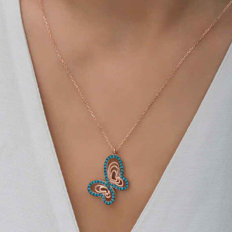 Turquoise Stone Butterfly Women's Rose Plated Silver Pendant