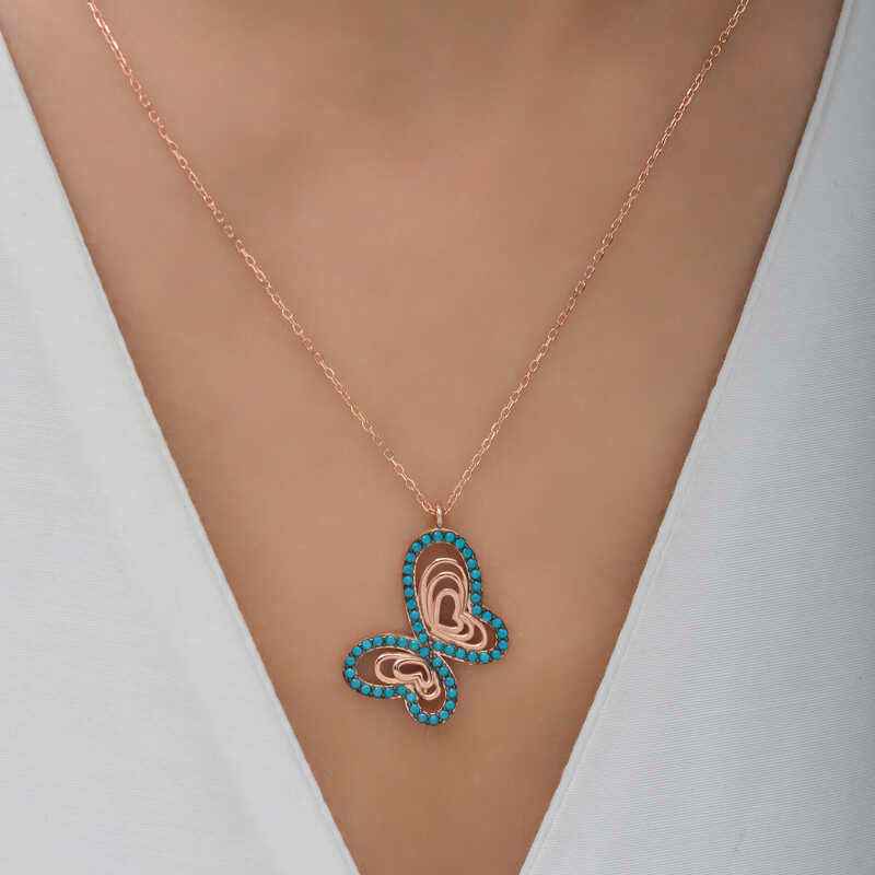 Turquoise Stone Butterfly Women's Rose Plated Silver Pendant