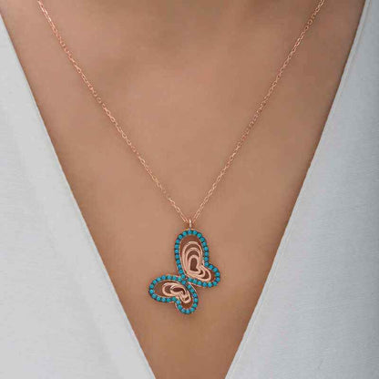 Turquoise Stone Butterfly Women's Rose Plated Silver Pendant