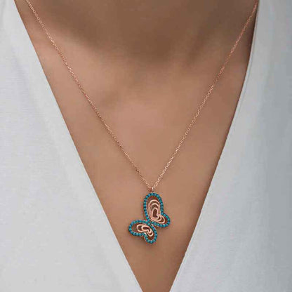 Turquoise Stone Butterfly Women's Rose Plated Silver Pendant